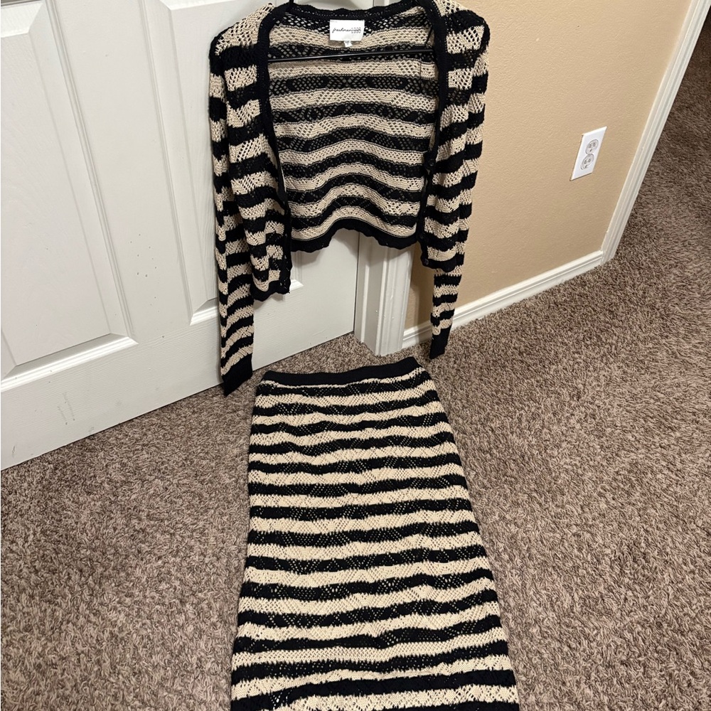 Fashion Nova Black and Cream Striped Knit Set